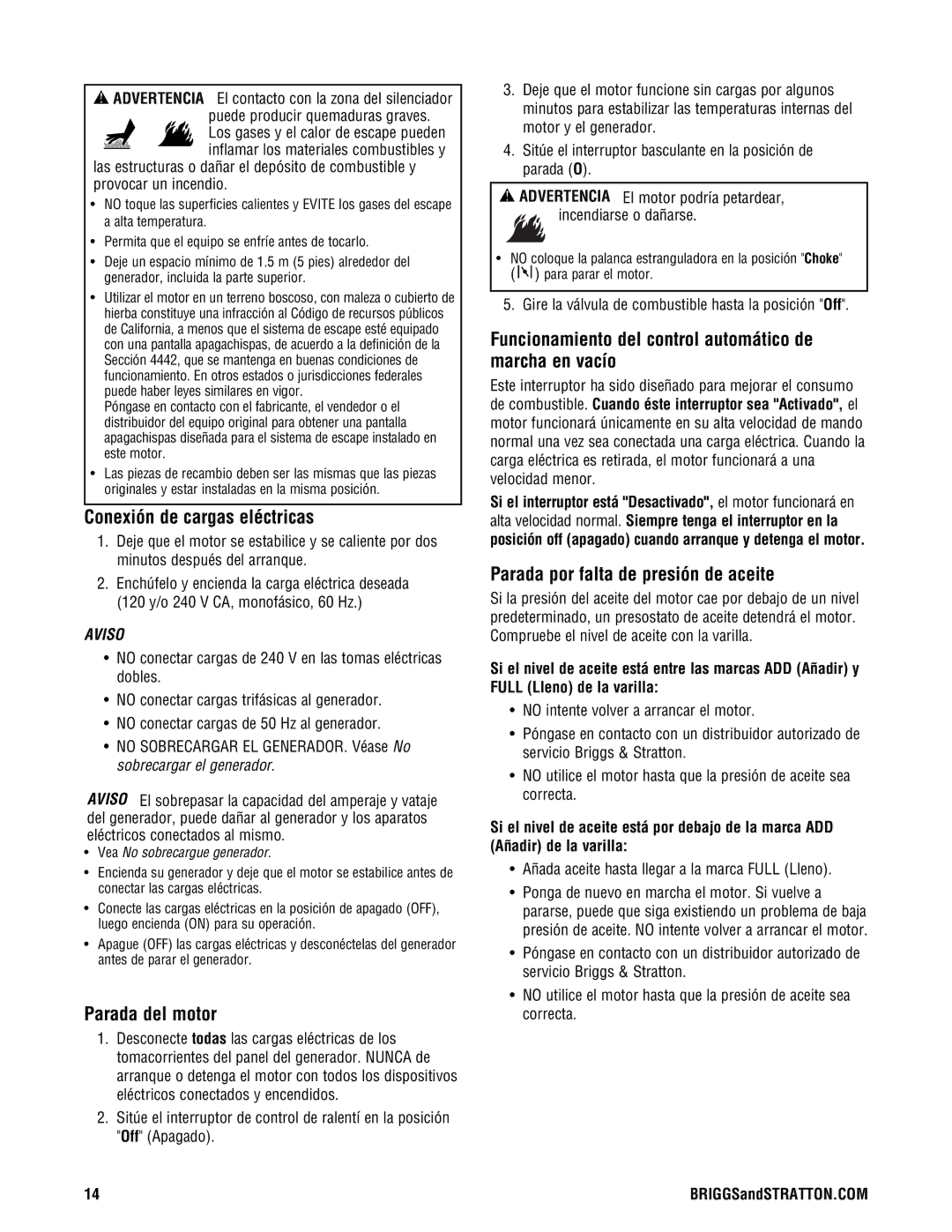 Briggs & Stratton PRO4000 manual Conexión de cargas eléctricas, Parada del motor, Parada por falta de presión de aceite 