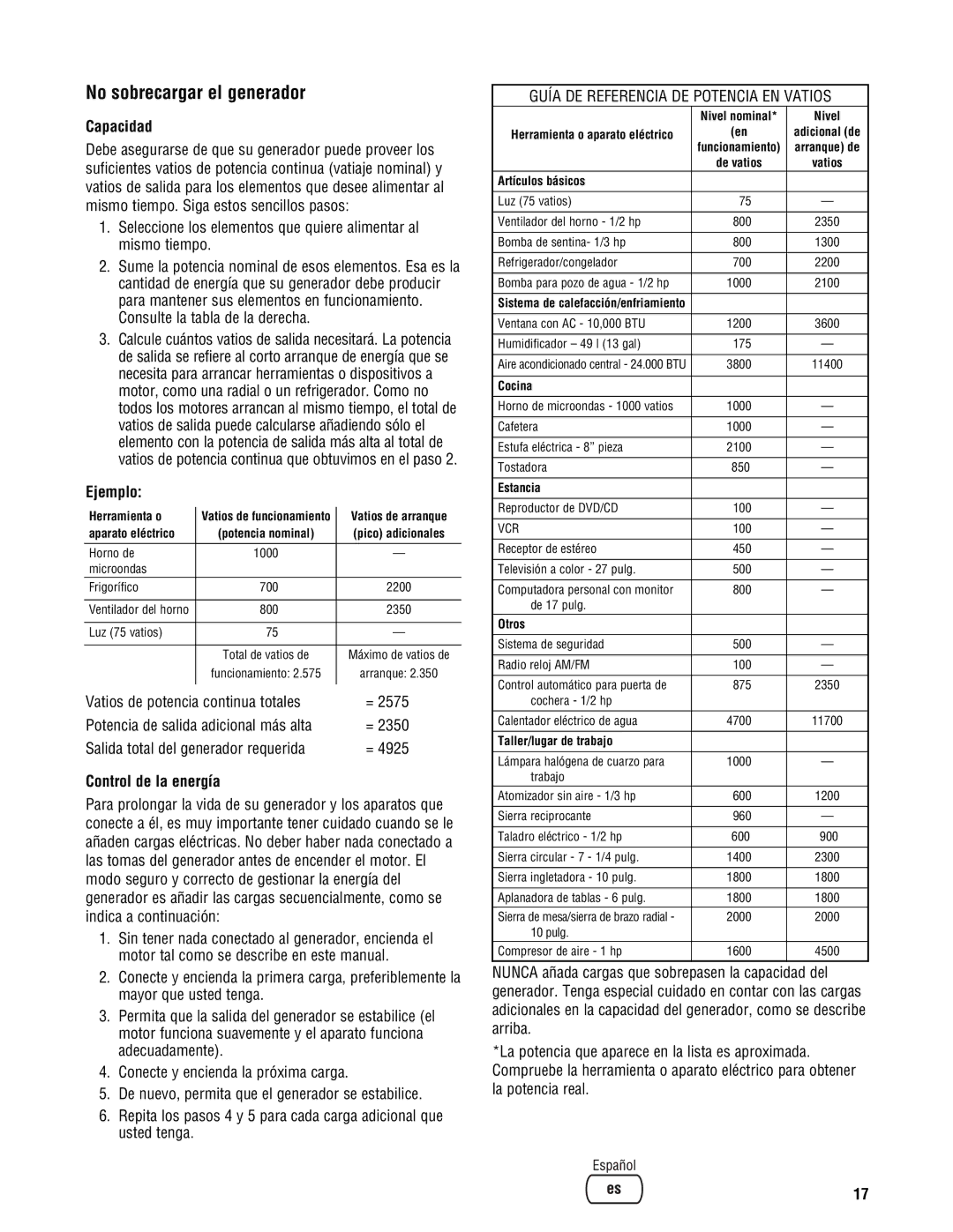 Briggs & Stratton PRO4000 manual No sobrecargar el generador, Capacidad, Ejemplo, Control de la energía 