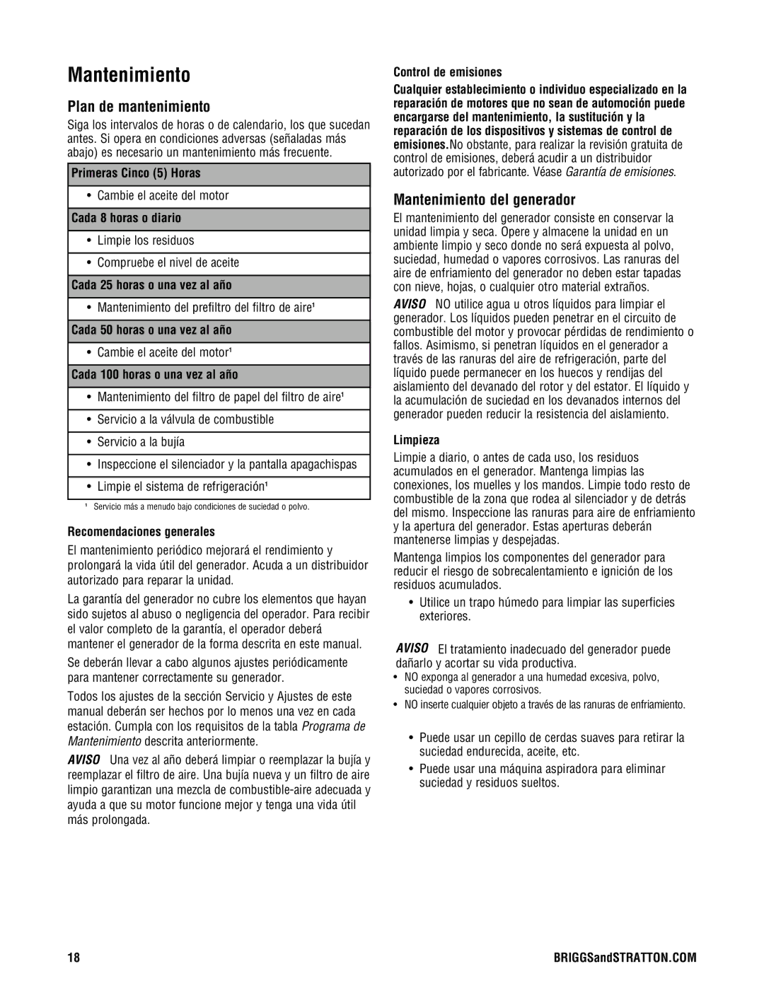 Briggs & Stratton PRO4000 manual Plan de mantenimiento, Mantenimiento del generador 