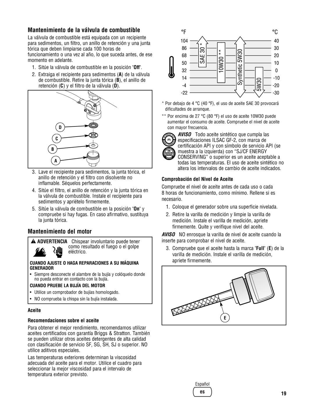 Briggs & Stratton PRO4000 manual Mantenimiento de la válvula de combustible, Mantenimiento del motor 