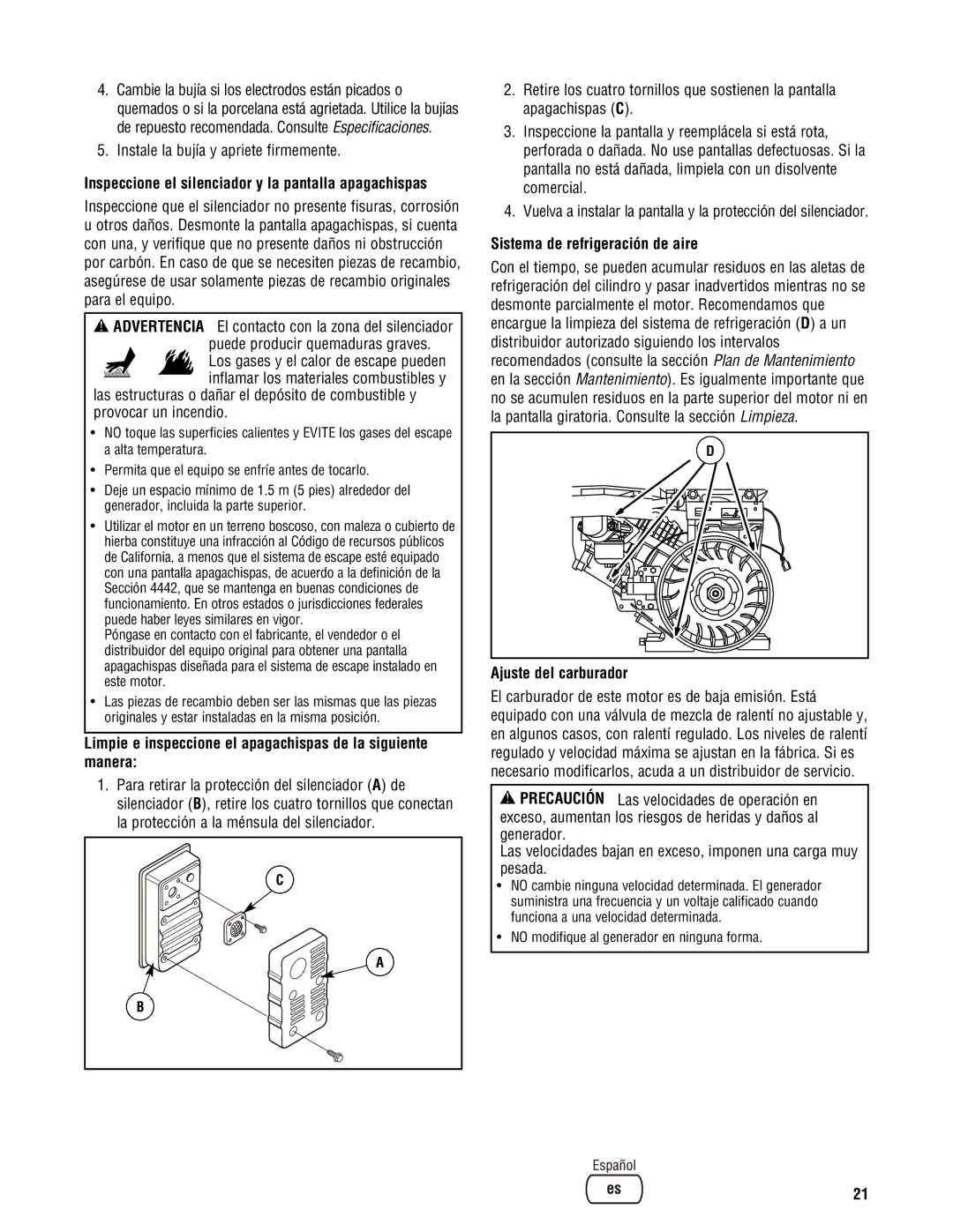 Briggs & Stratton PRO4000 Instale la bujía y apriete firmemente, Inspeccione el silenciador y la pantalla apagachispas 