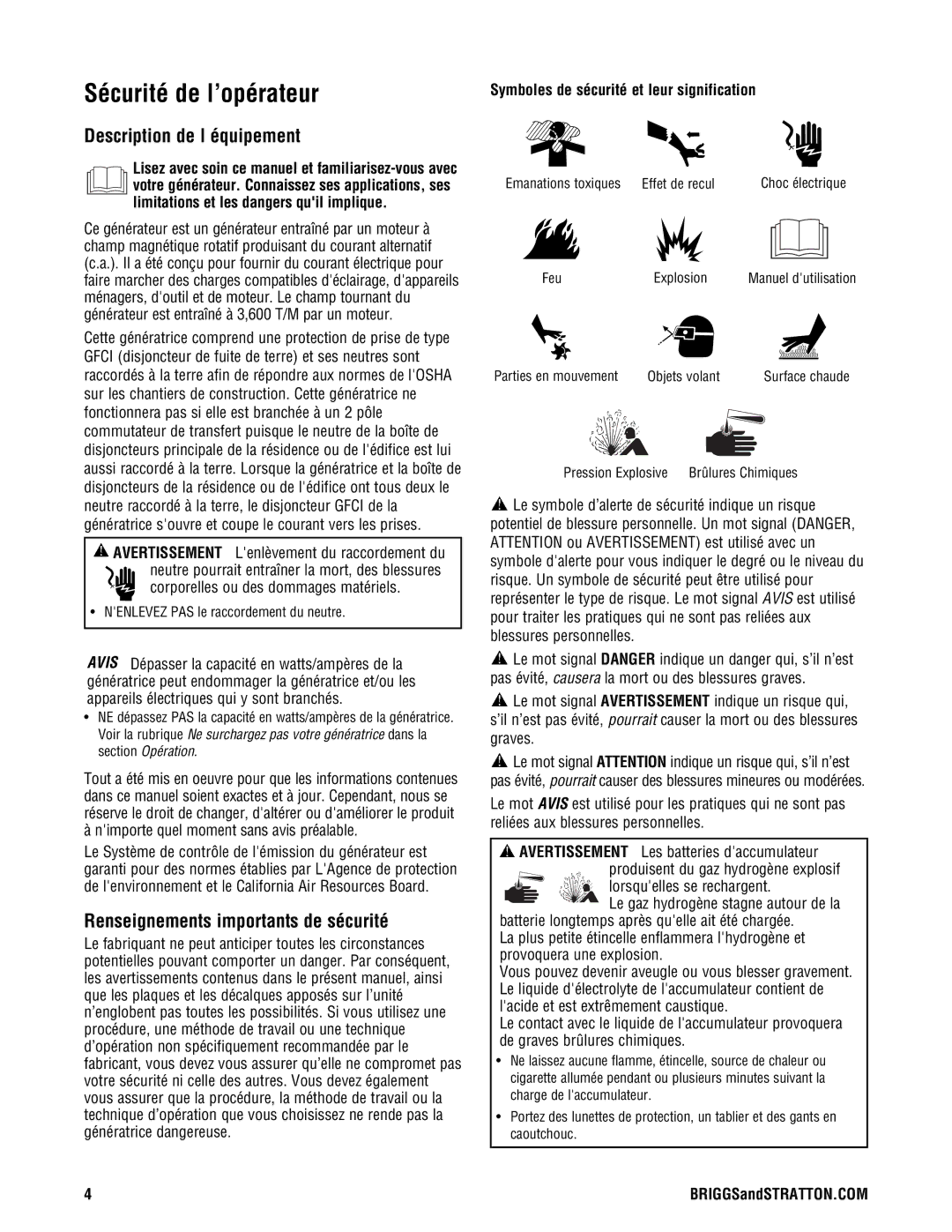 Briggs & Stratton PRO4000 Sécurité de l’opérateur, Description de l équipement, Renseignements importants de sécurité 