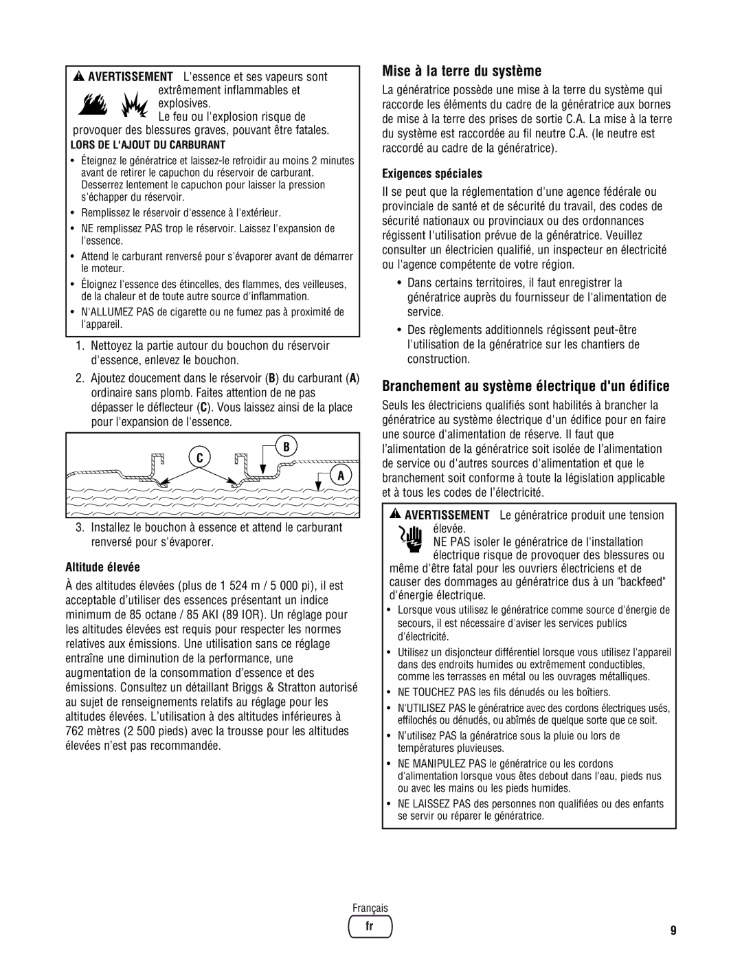 Briggs & Stratton PRO4000 manual Mise à la terre du système, Branchement au système électrique dun édifice, Altitude élevée 