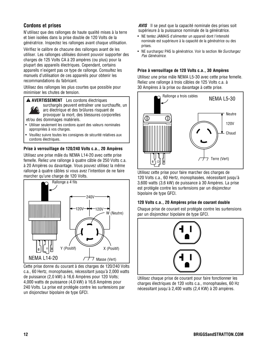 Briggs & Stratton PRO4000 manual Cordons et prises, Prise à verrouillage de 120/240 Volts c.a., 20 Ampères 