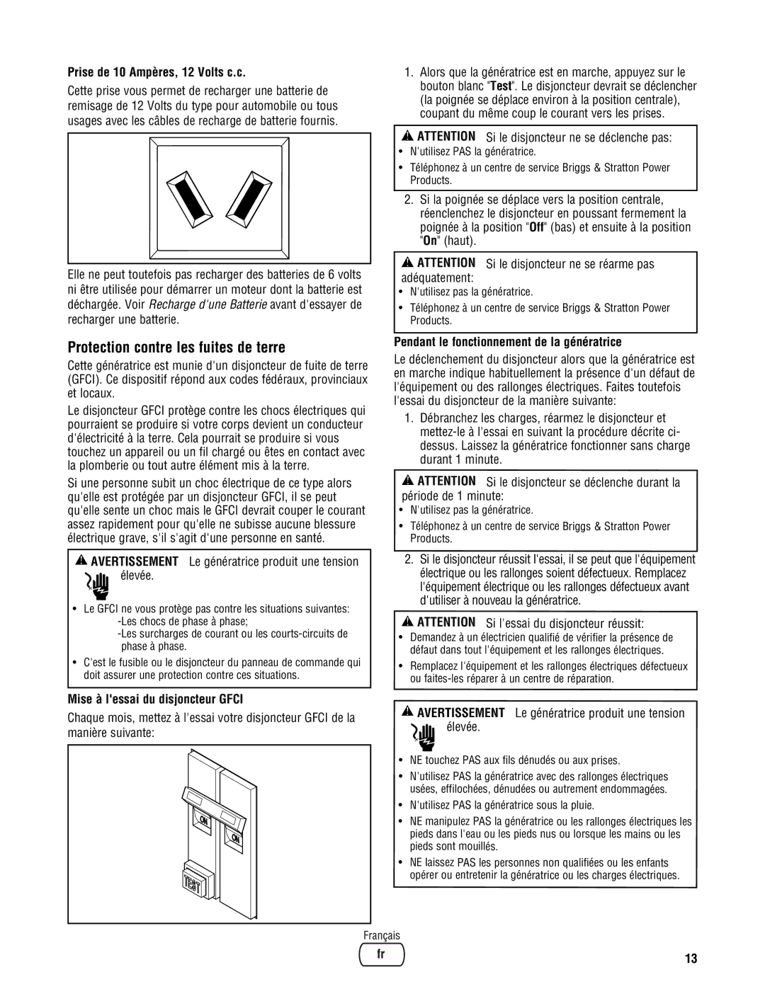 Briggs & Stratton PRO4000 Protection contre les fuites de terre, Prise de 10 Ampères, 12 Volts c.c, Période de 1 minute 