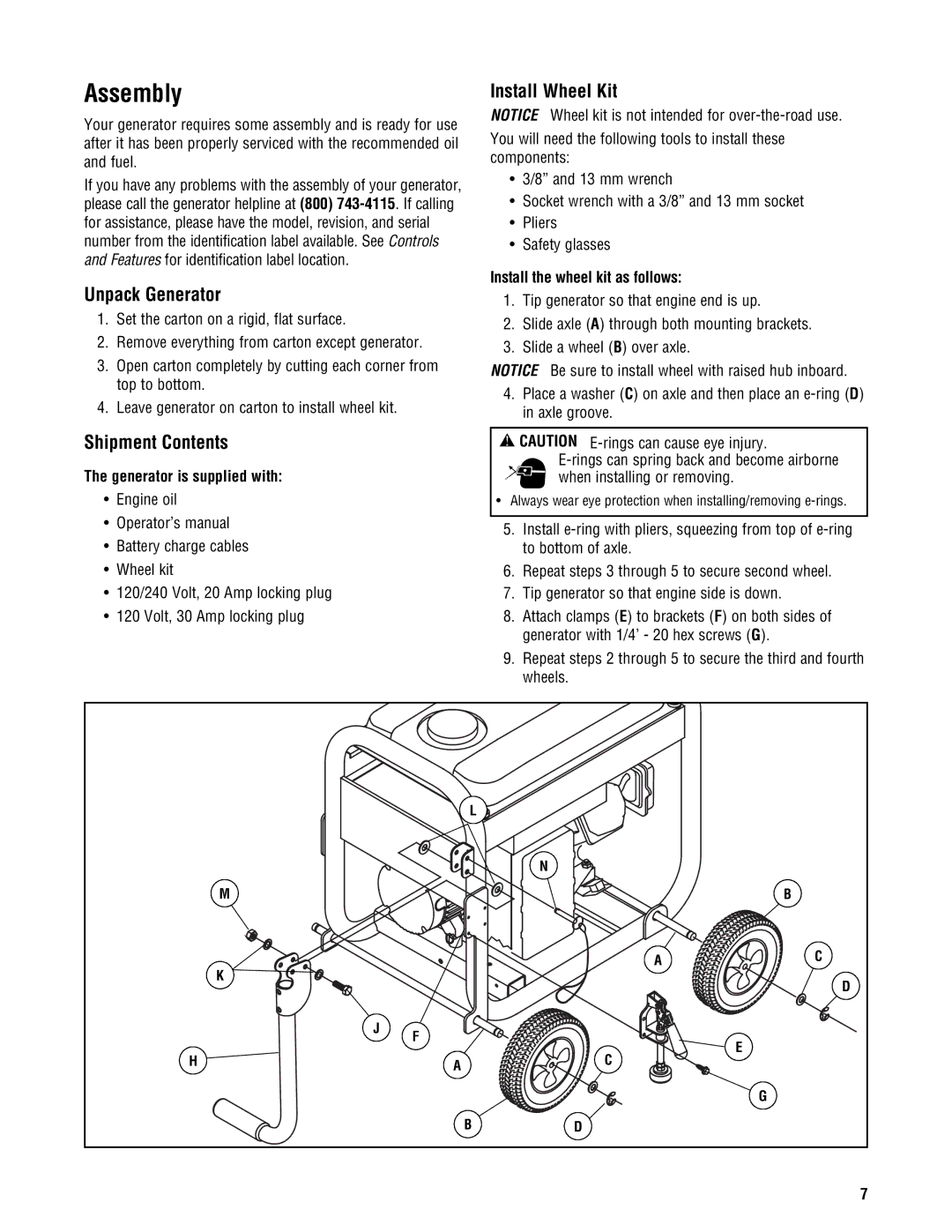 Briggs & Stratton PRO4000 manual Assembly, Install Wheel Kit, Unpack Generator, Shipment Contents 