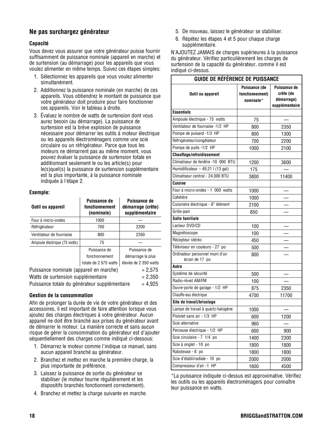 Briggs & Stratton PRO4000 manual Ne pas surchargez générateur, Capacité, Exemple, Gestion de la consommation 