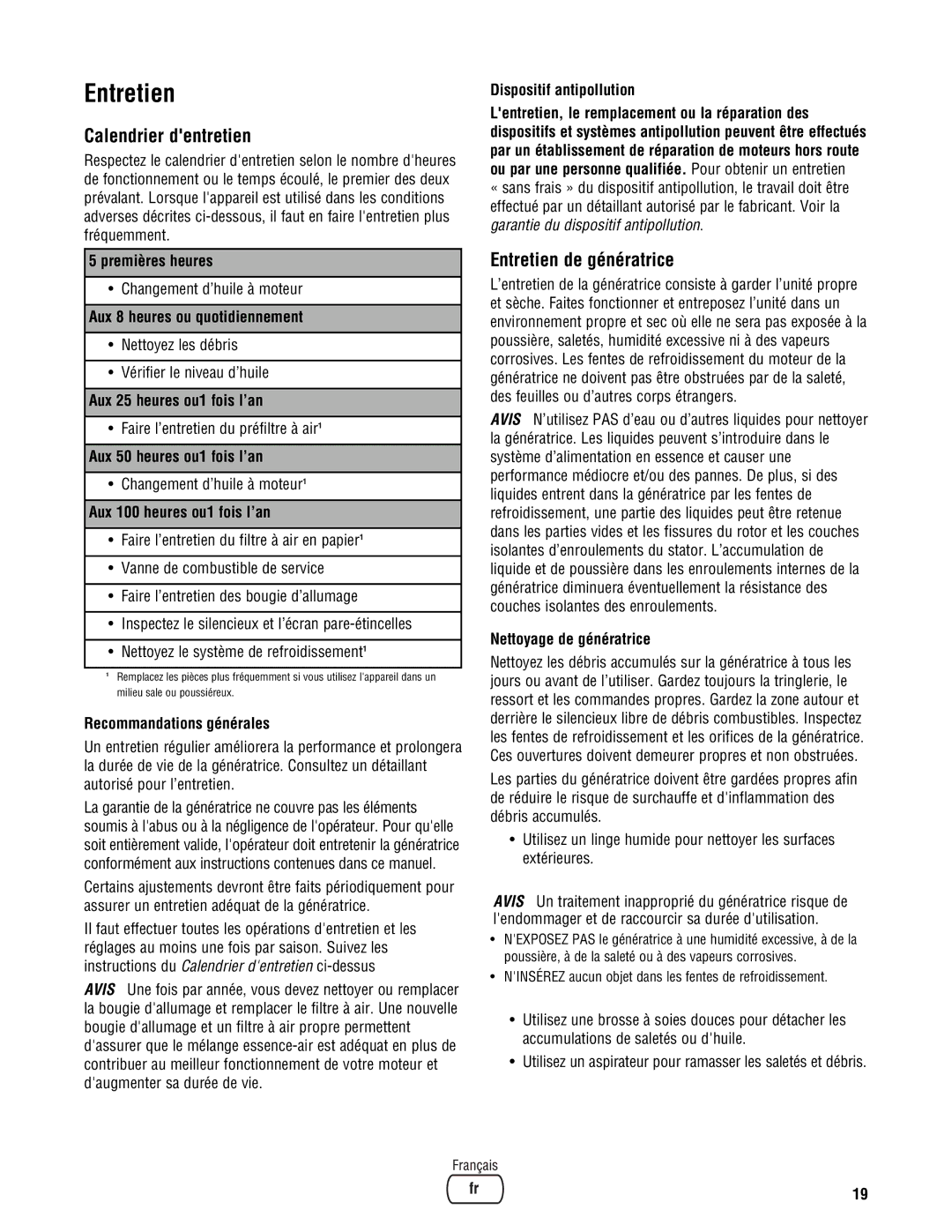 Briggs & Stratton PRO4000 manual Calendrier dentretien, Entretien de génératrice 