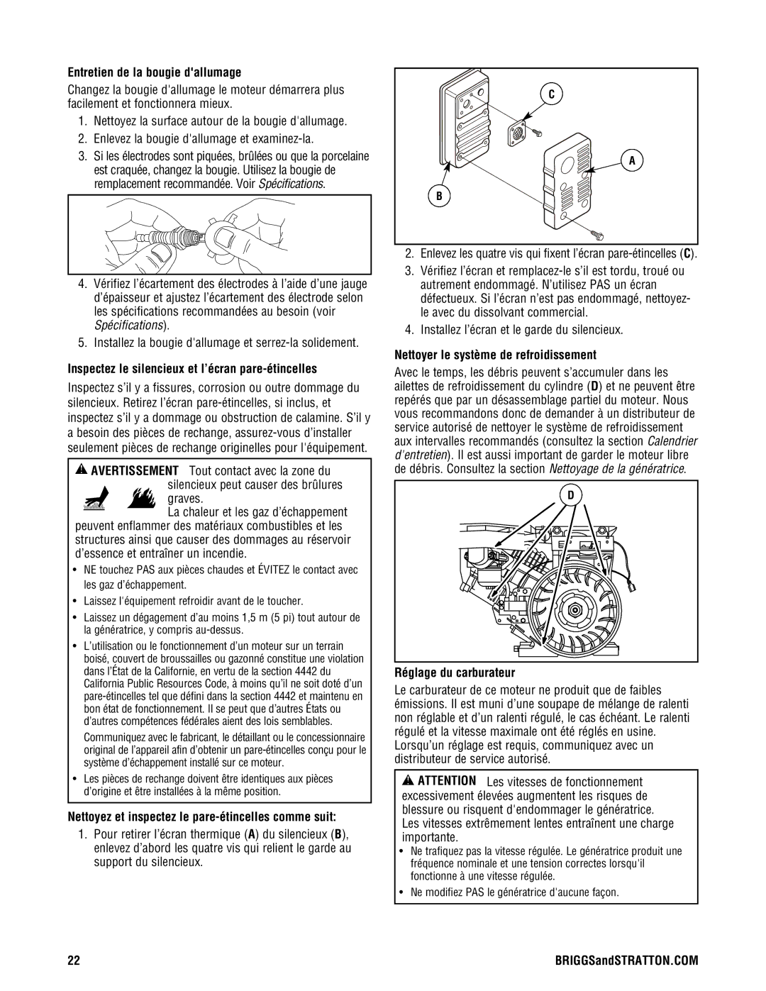 Briggs & Stratton PRO4000 manual Entretien de la bougie dallumage, Inspectez le silencieux et l’écran pare-étincelles 