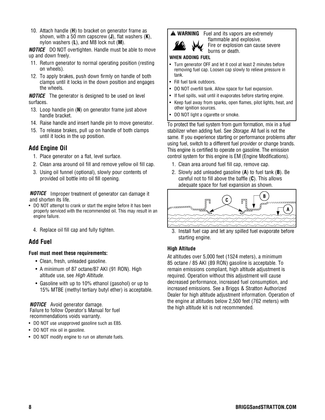 Briggs & Stratton PRO4000 manual Add Engine Oil, Add Fuel, Fuel must meet these requirements, High Altitude 