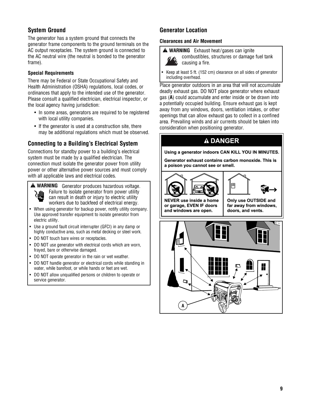 Briggs & Stratton PRO4000 manual System Ground, Connecting to a Building’s Electrical System, Generator Location 