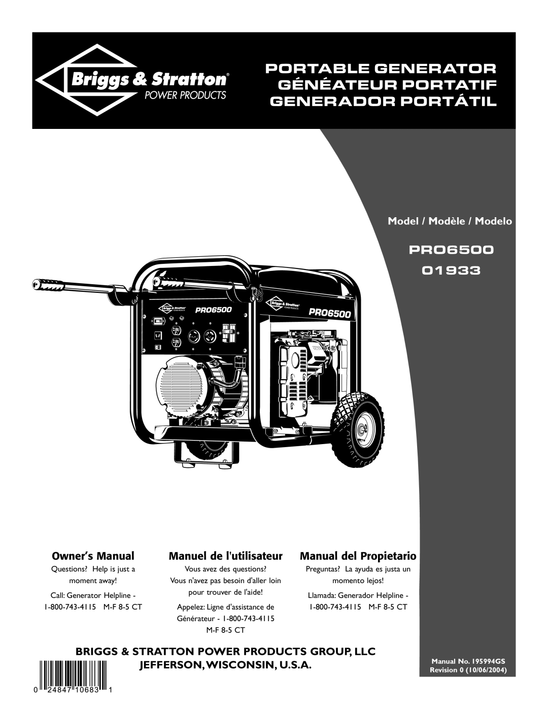 Briggs & Stratton owner manual PRO6500 01933 