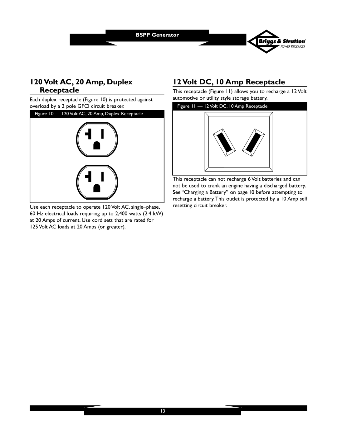 Briggs & Stratton PRO6500 owner manual Volt AC, 20 Amp, Duplex Receptacle, Volt DC, 10 Amp Receptacle 