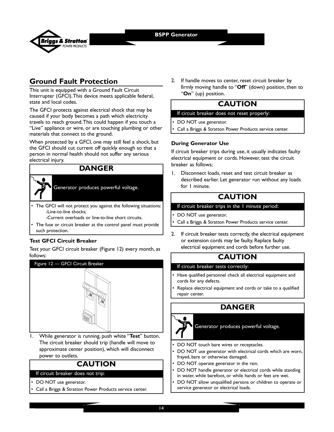 Briggs & Stratton PRO6500 owner manual Ground Fault Protection, Test Gfci Circuit Breaker, During Generator Use 