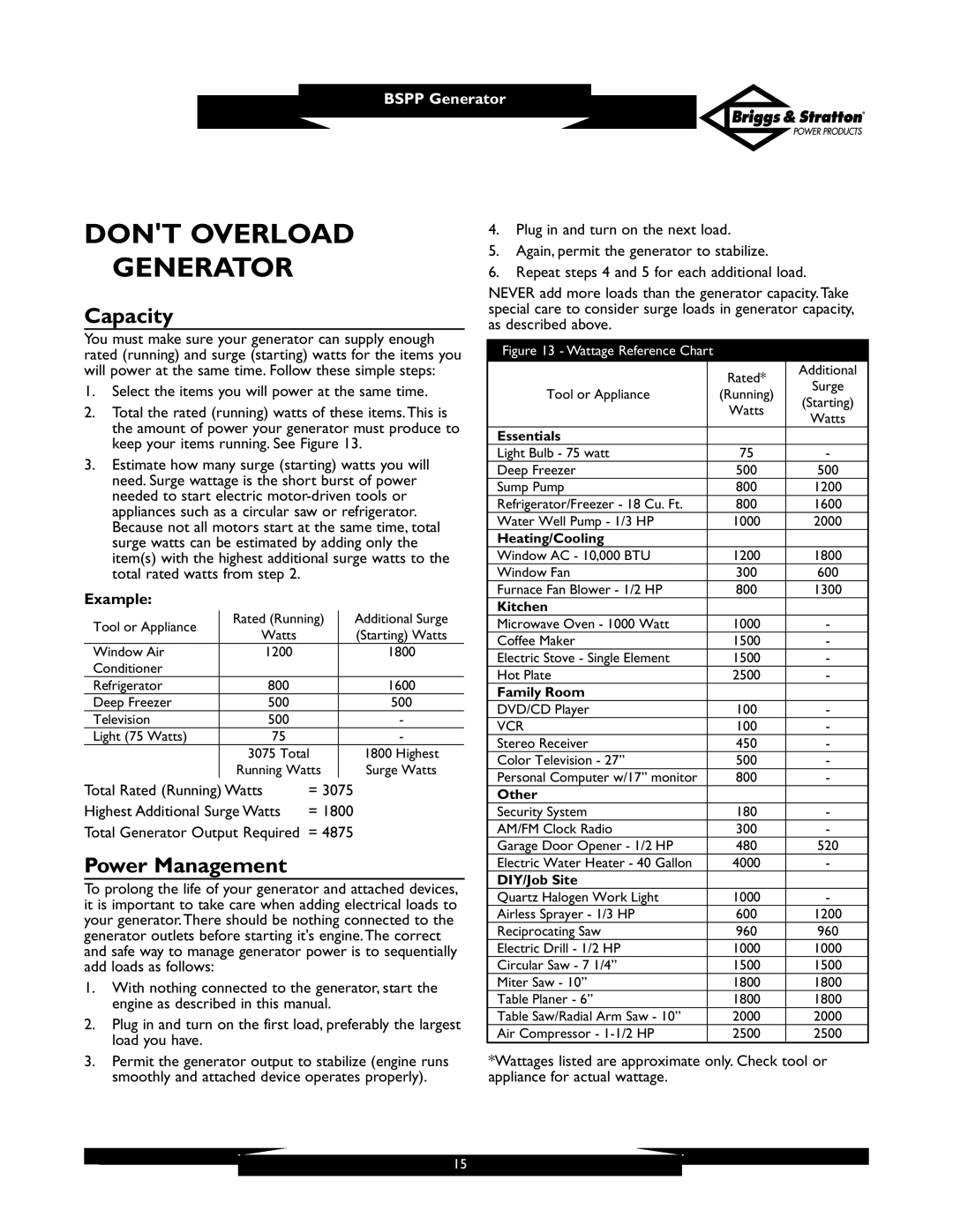 Briggs & Stratton PRO6500 owner manual Dont Overload Generator, Capacity, Power Management, Example 