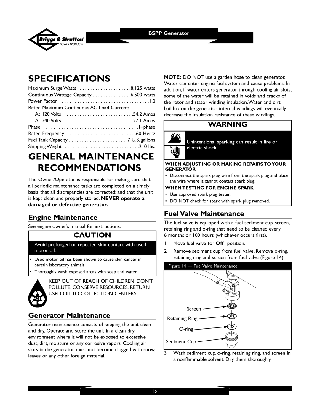 Briggs & Stratton PRO6500 Specifications, General Maintenance Recommendations, Engine Maintenance, Generator Maintenance 