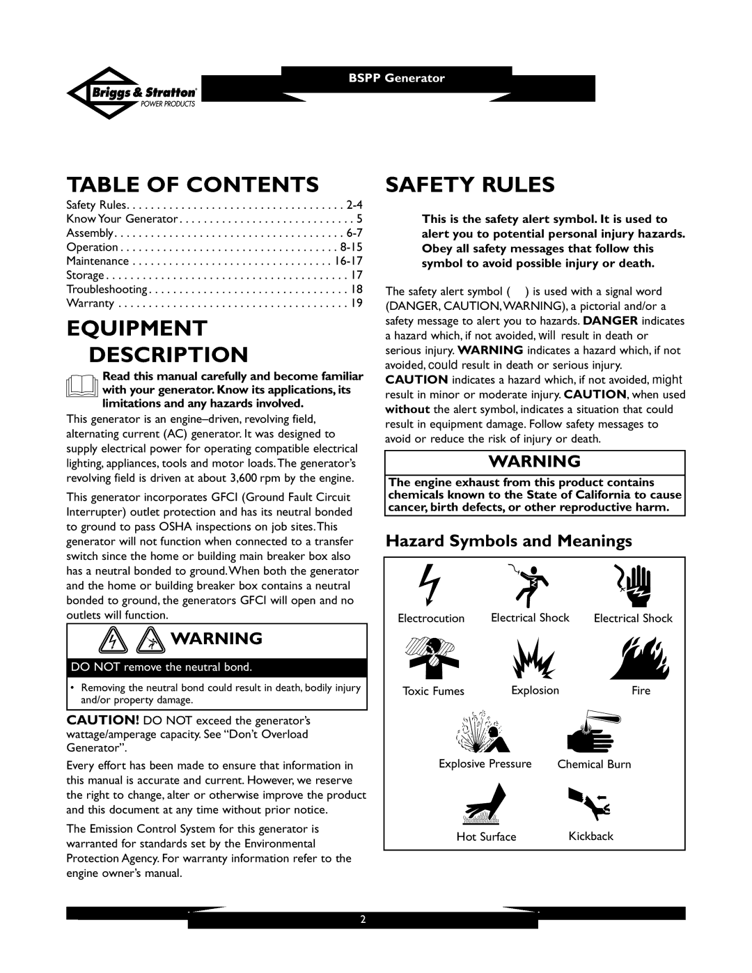 Briggs & Stratton PRO6500 owner manual Table of Contents, Equipment Description, Safety Rules 