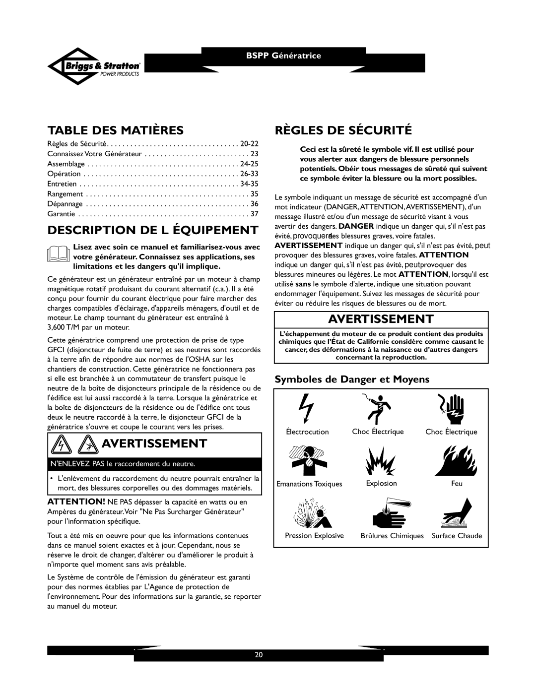 Briggs & Stratton PRO6500 owner manual Table DES Matières, Description DE L Équipement, Avertissement, Règles DE Sécurité 