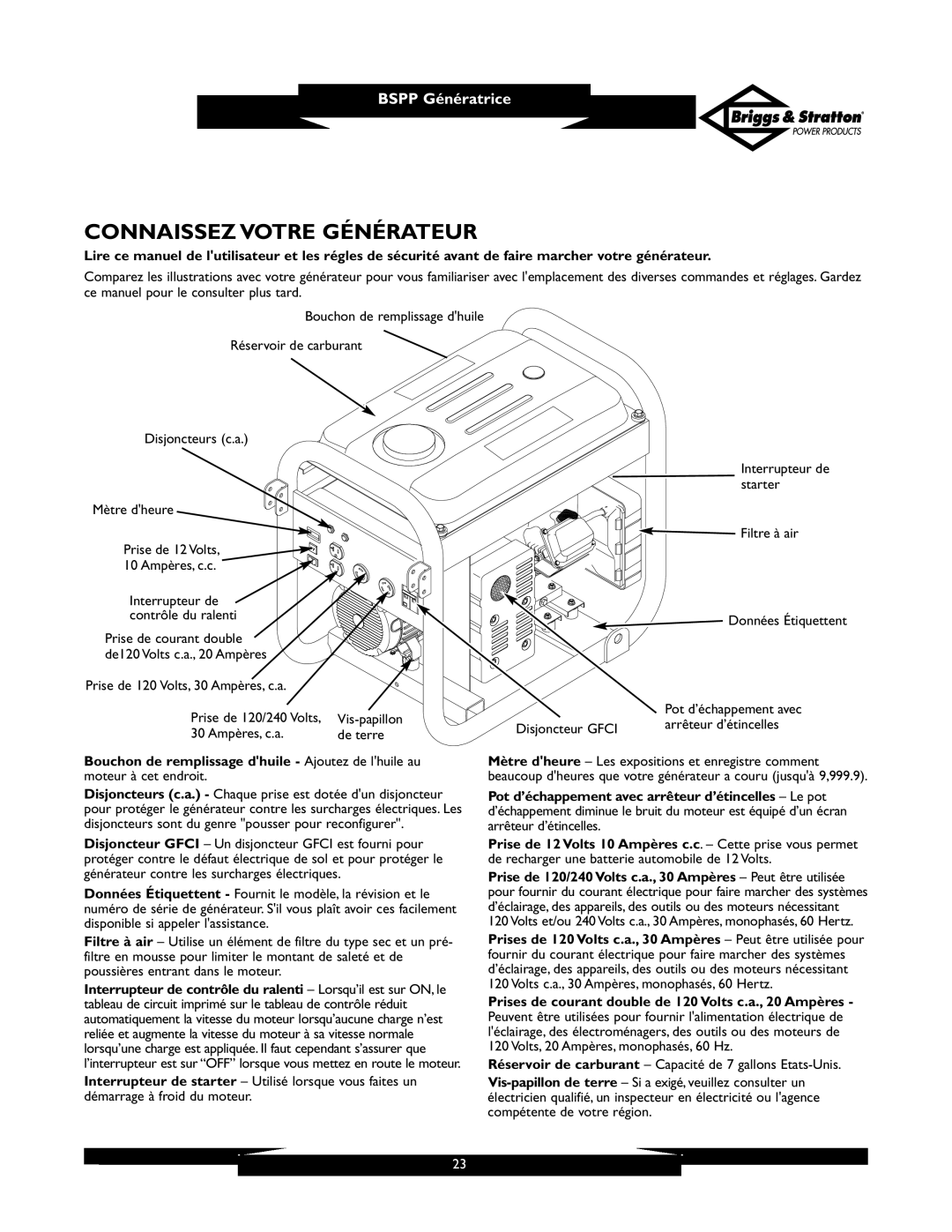 Briggs & Stratton PRO6500 owner manual Connaissez Votre Générateur, Arrêteur d’étincelles 