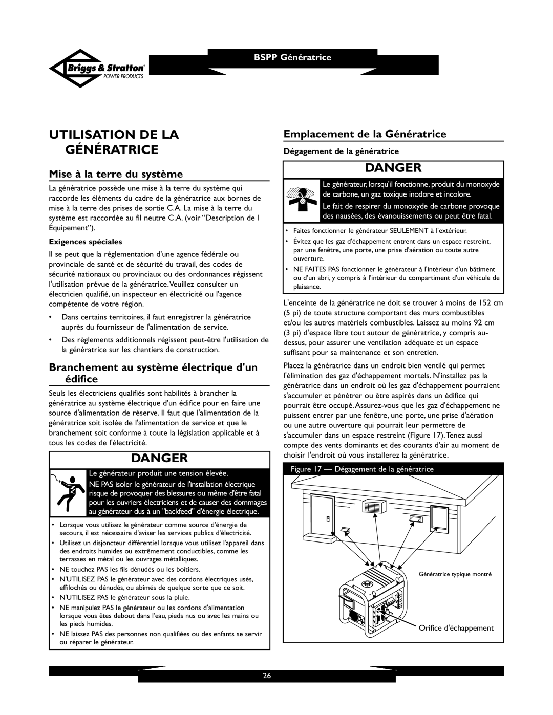 Briggs & Stratton PRO6500 Utilisation DE LA Génératrice, Mise à la terre du système, Emplacement de la Génératrice 