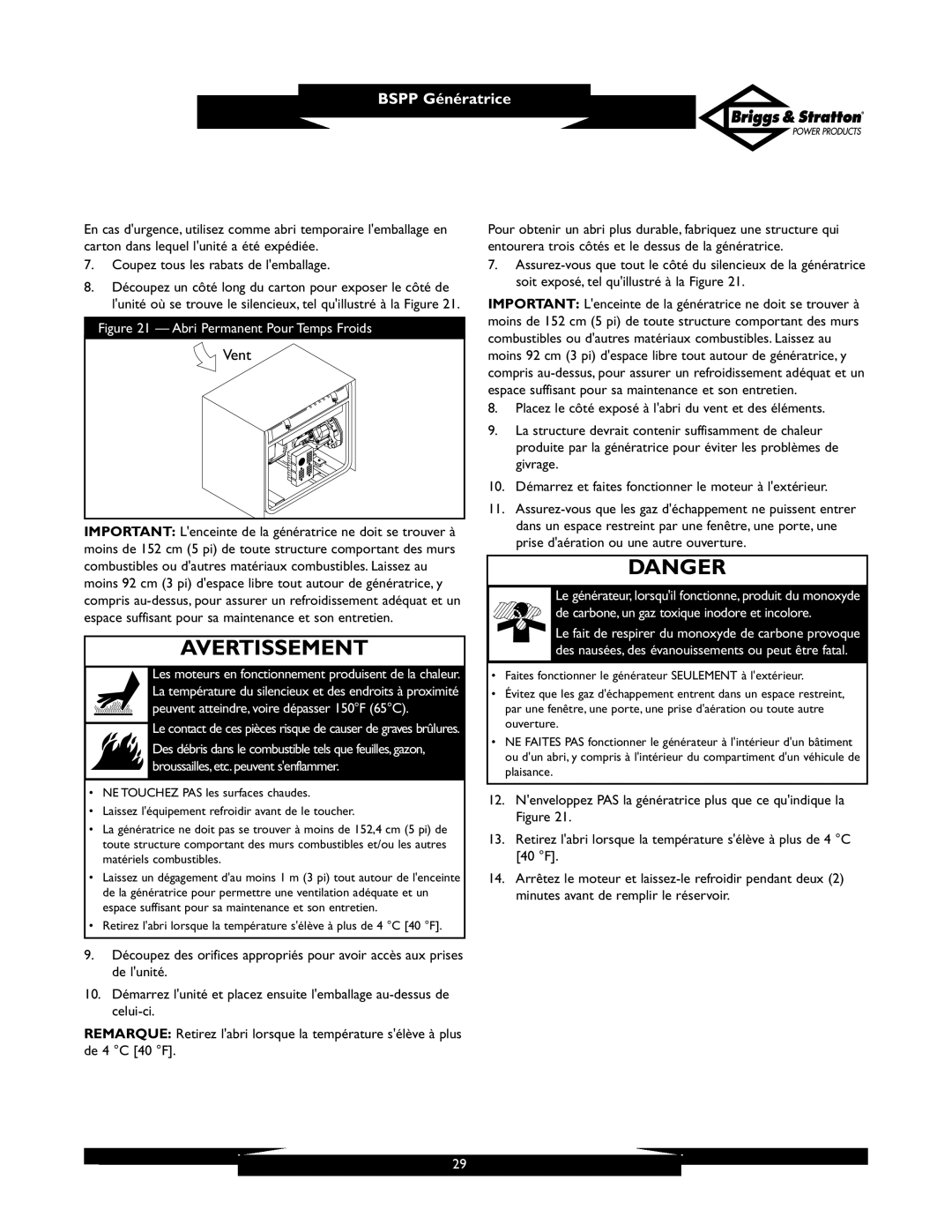 Briggs & Stratton PRO6500 owner manual Abri Permanent Pour Temps Froids, Vent 