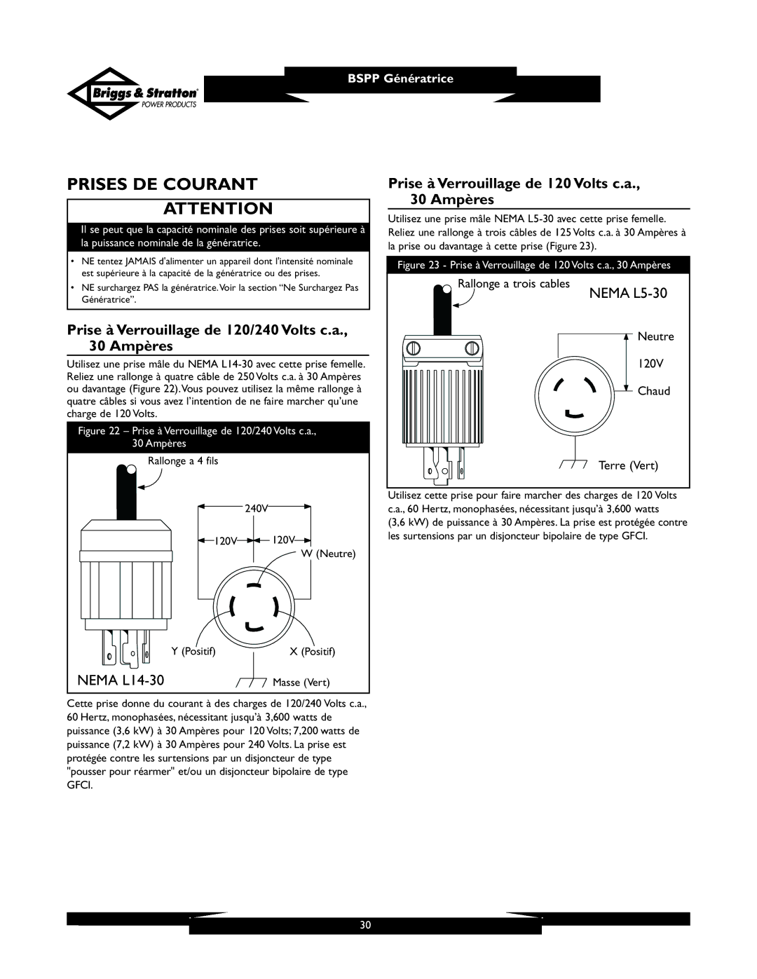 Briggs & Stratton PRO6500 Prises DE Courant, Prise à Verrouillage de 120/240 Volts c.a., 30 Ampères, 240V 120V Neutre 