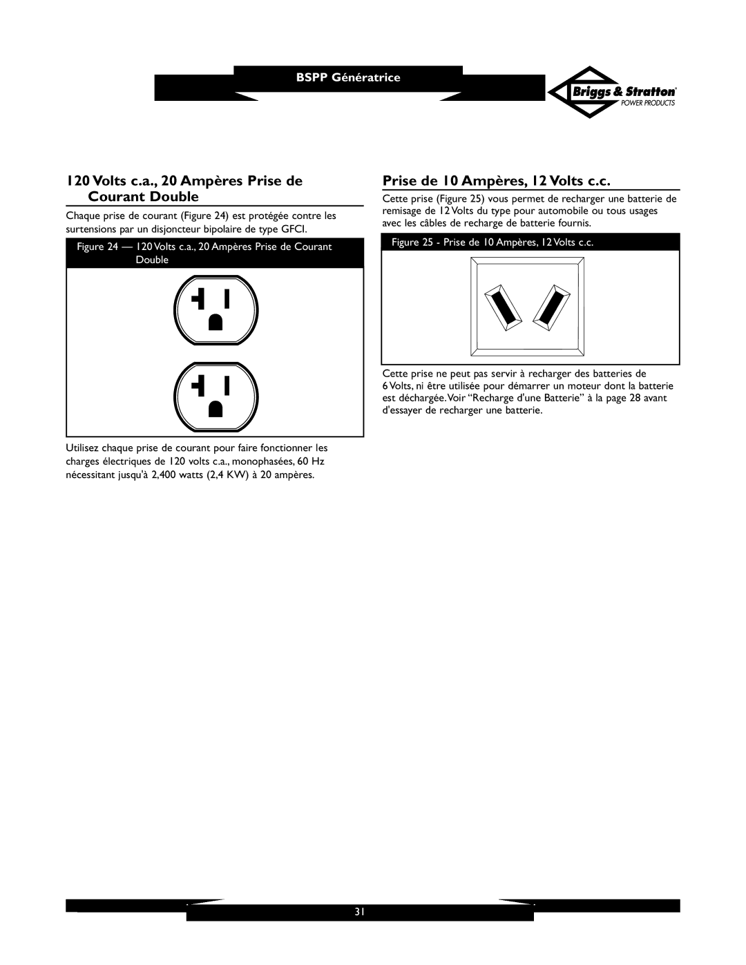 Briggs & Stratton PRO6500 owner manual Volts c.a., 20 Ampères Prise de Courant Double, Prise de 10 Ampères, 12 Volts c.c 