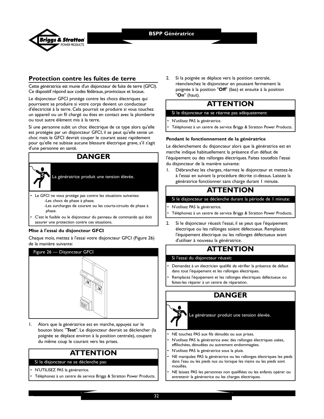 Briggs & Stratton PRO6500 owner manual Protection contre les fuites de terre, Mise à lessai du disjoncteur Gfci 