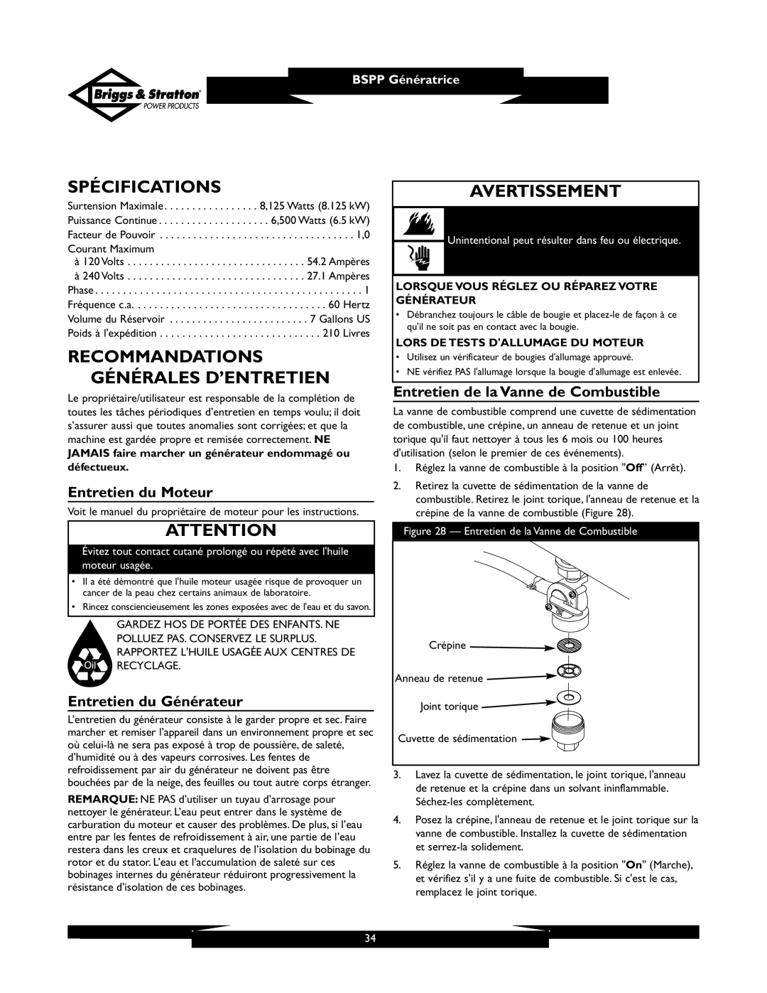 Briggs & Stratton PRO6500 owner manual Spécifications, Recommandations Générales D’ENTRETIEN, Entretien du Moteur 