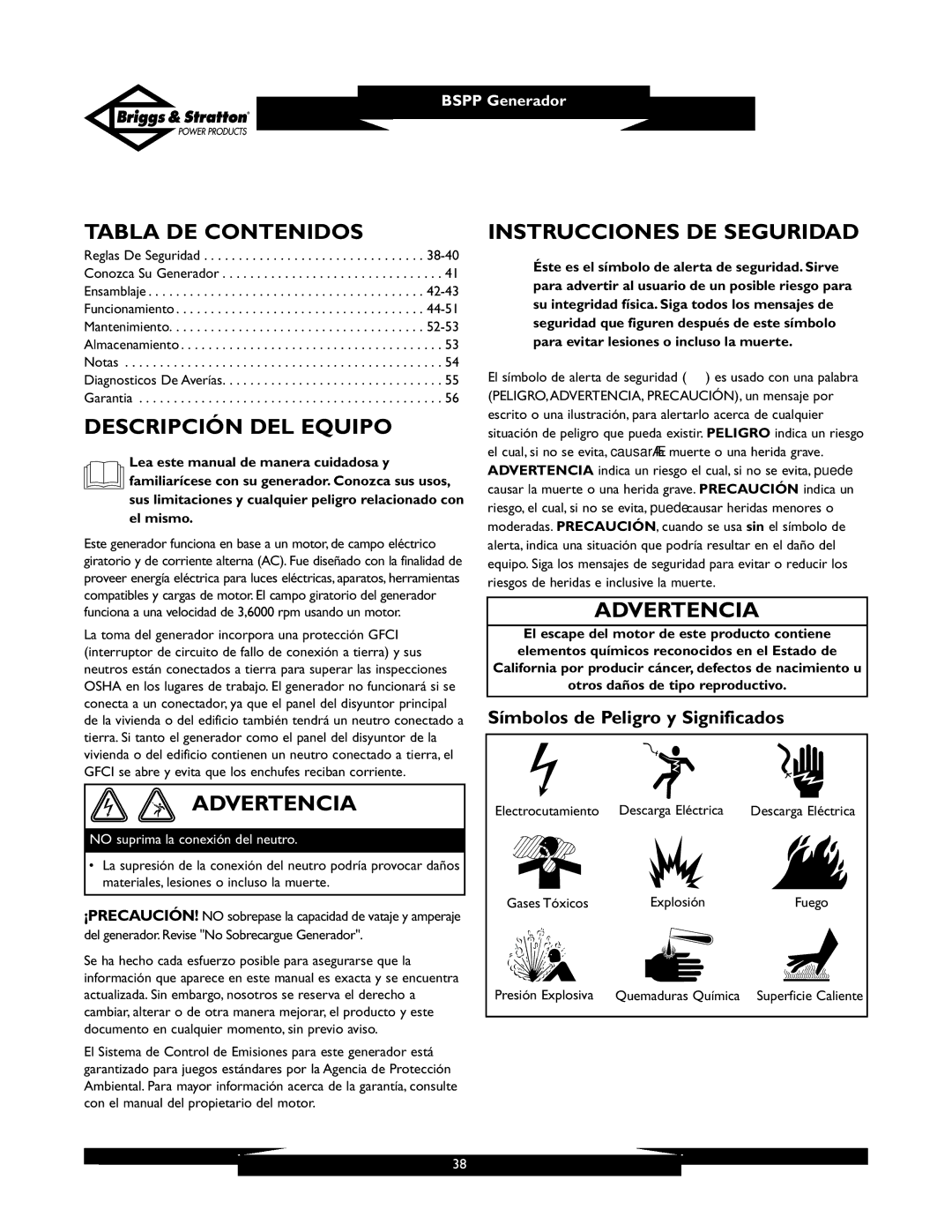 Briggs & Stratton PRO6500 owner manual Tabla DE Contenidos, Descripción DEL Equipo, Advertencia, Instrucciones DE Seguridad 