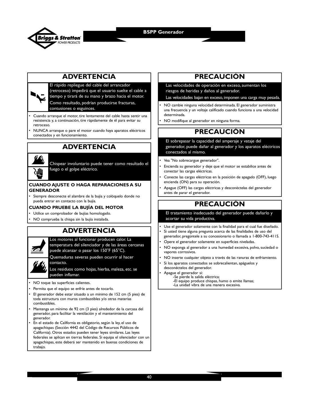 Briggs & Stratton PRO6500 Precaución, Cuando Ajuste O Haga Reparaciones a SU Generador, Cuando Pruebe LA Bujía DEL Motor 