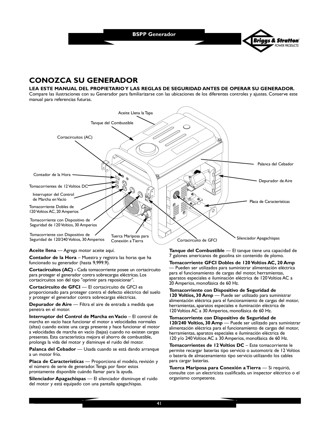 Briggs & Stratton PRO6500 owner manual Conozca SU Generador, Tomacorriente Gfci Dobles de 120 Voltios AC, 20 Amp 