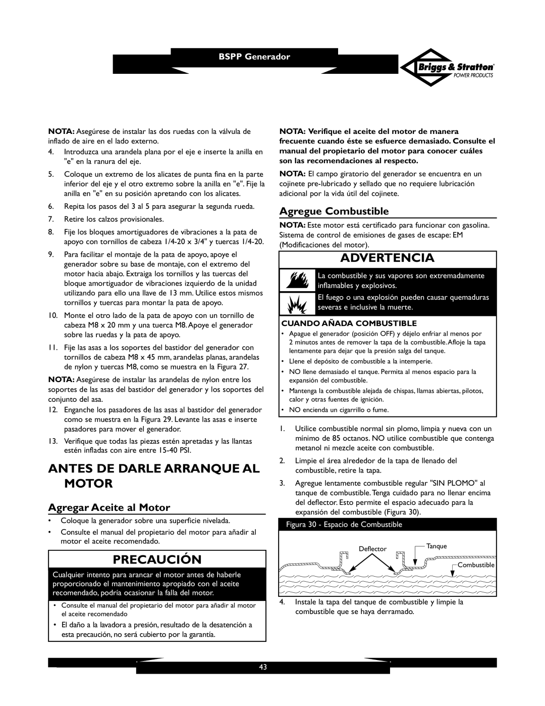 Briggs & Stratton PRO6500 owner manual Antes DE Darle Arranque AL Motor, Agregar Aceite al Motor, Agregue Combustible 