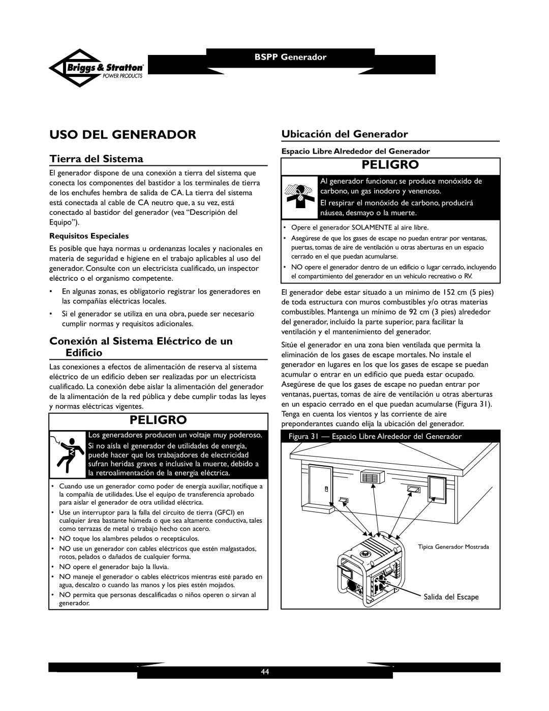 Briggs & Stratton PRO6500 owner manual USO DEL Generador, Tierra del Sistema, Ubicación del Generador 