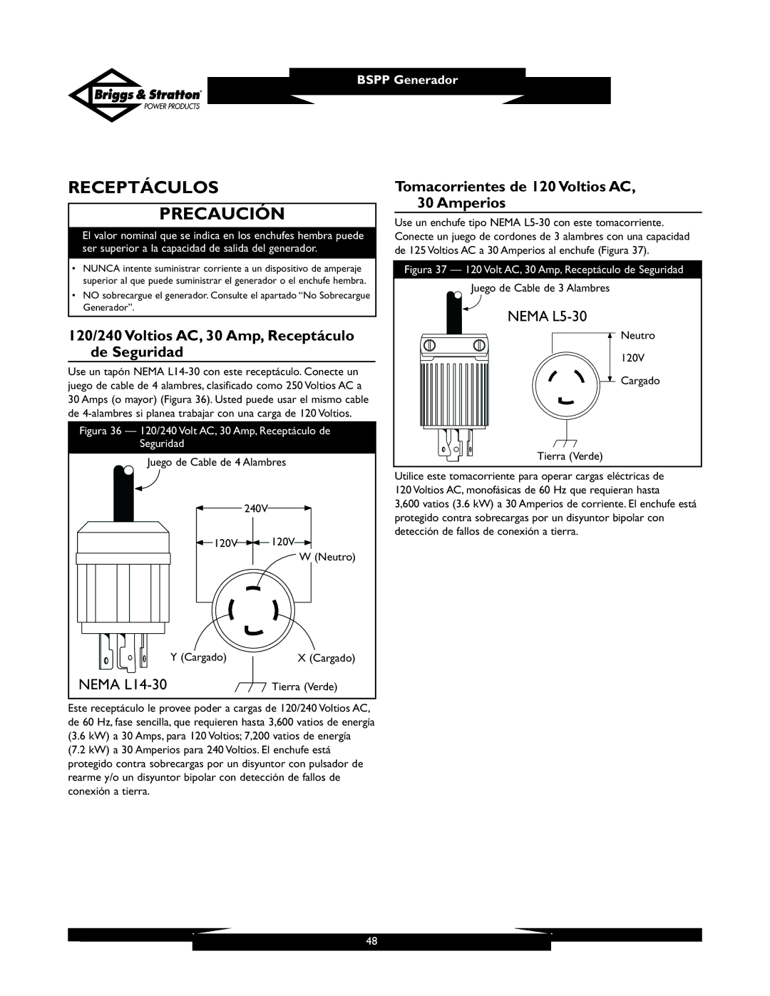 Briggs & Stratton PRO6500 owner manual Receptáculos Precaución, 120/240 Voltios AC, 30 Amp, Receptáculo de Seguridad 