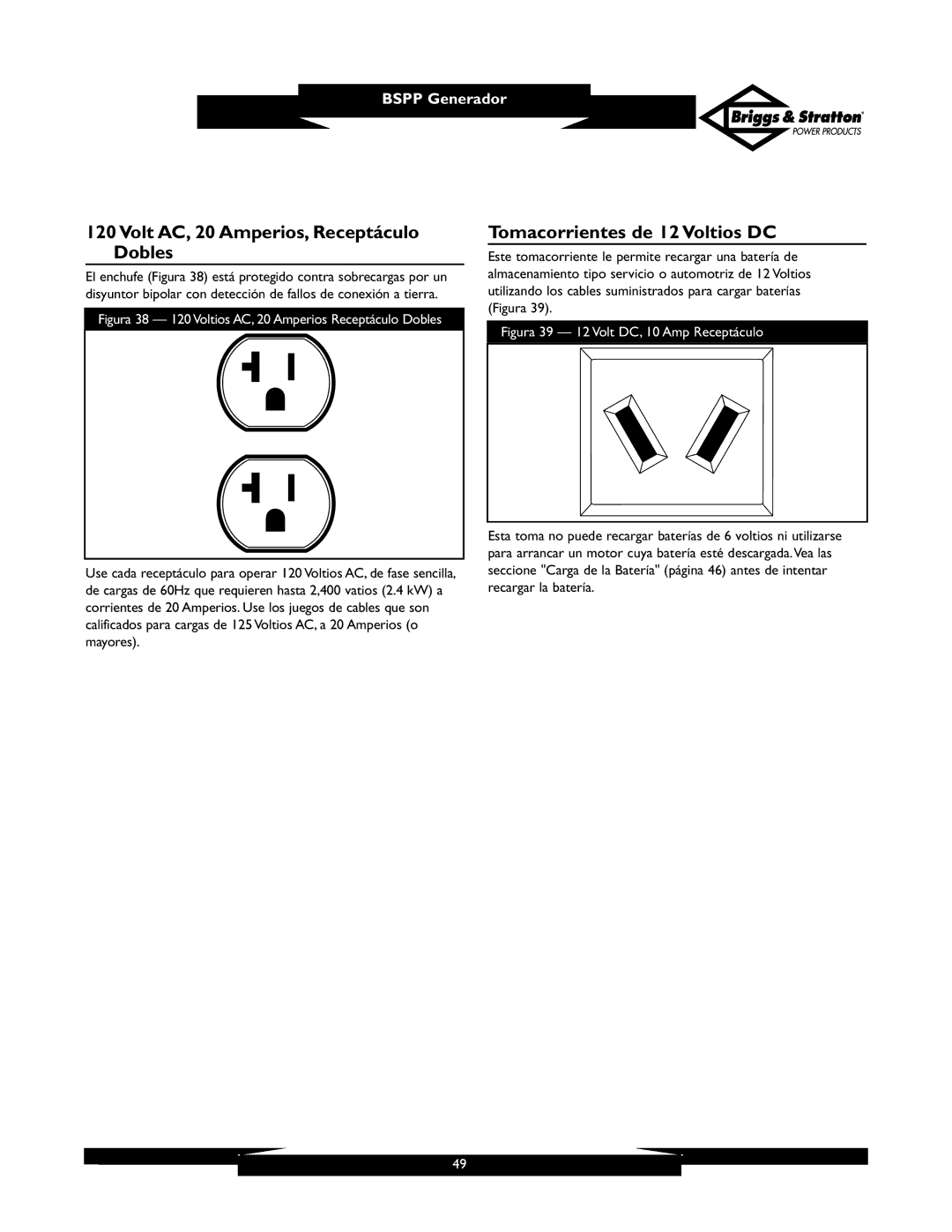 Briggs & Stratton PRO6500 owner manual Volt AC, 20 Amperios, Receptáculo Dobles, Tomacorrientes de 12 Voltios DC 