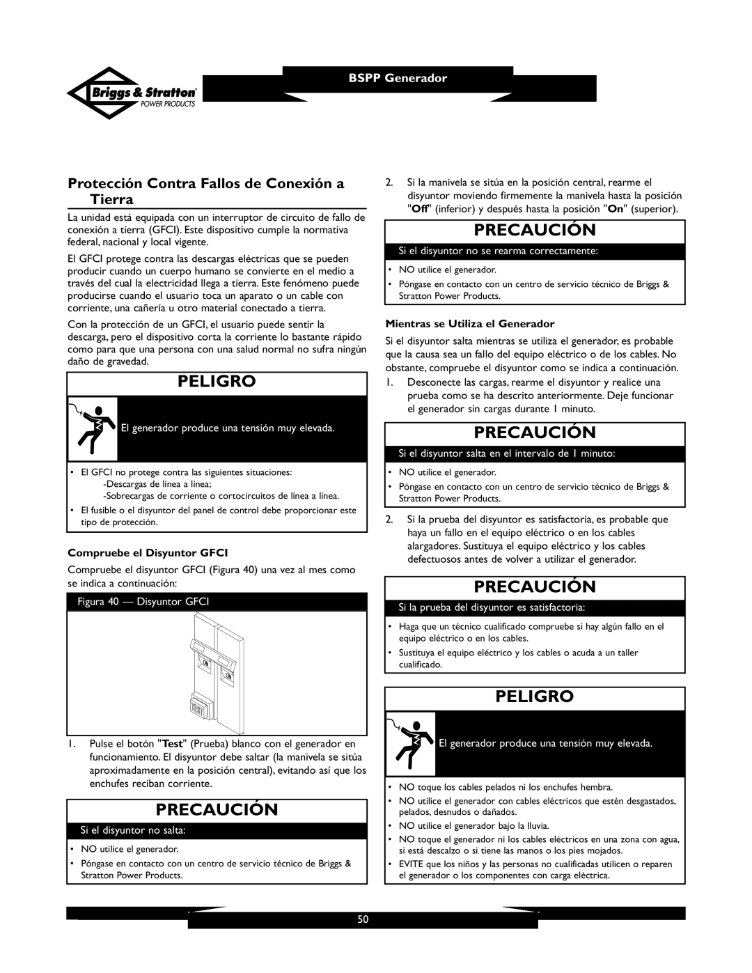 Briggs & Stratton PRO6500 owner manual Protección Contra Fallos de Conexión a Tierra, Compruebe el Disyuntor Gfci 