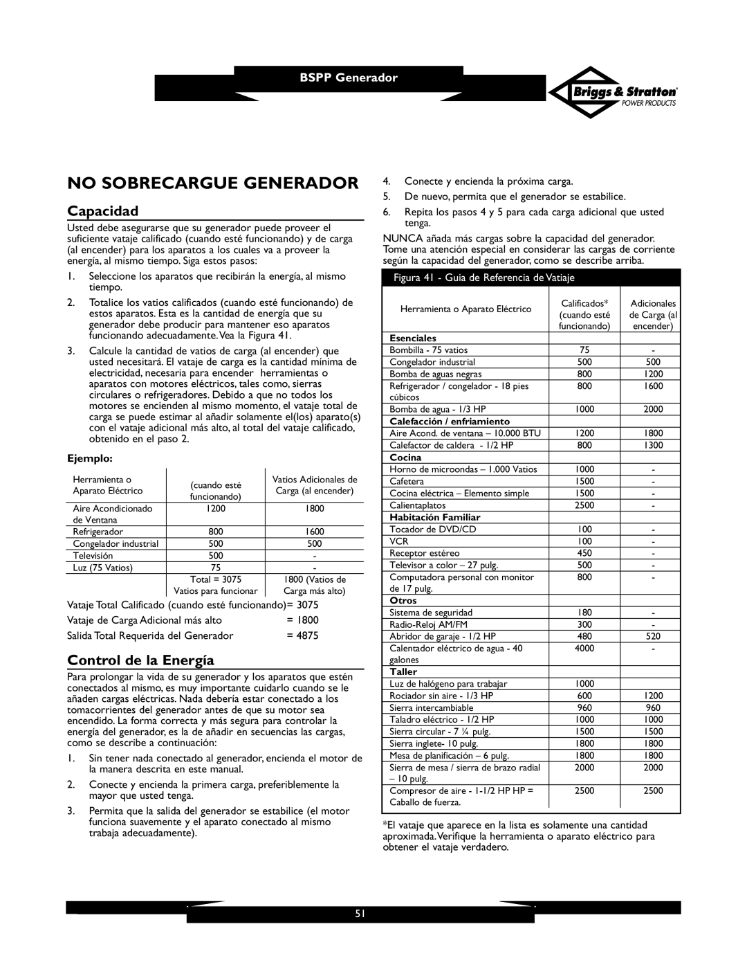 Briggs & Stratton PRO6500 owner manual No Sobrecargue Generador, Capacidad, Control de la Energía, Ejemplo 