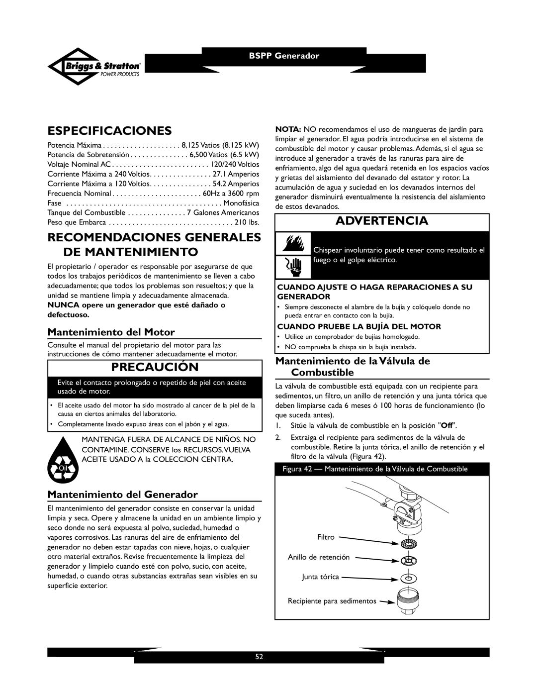 Briggs & Stratton PRO6500 Especificaciones, Recomendaciones Generales DE Mantenimiento, Mantenimiento del Motor 