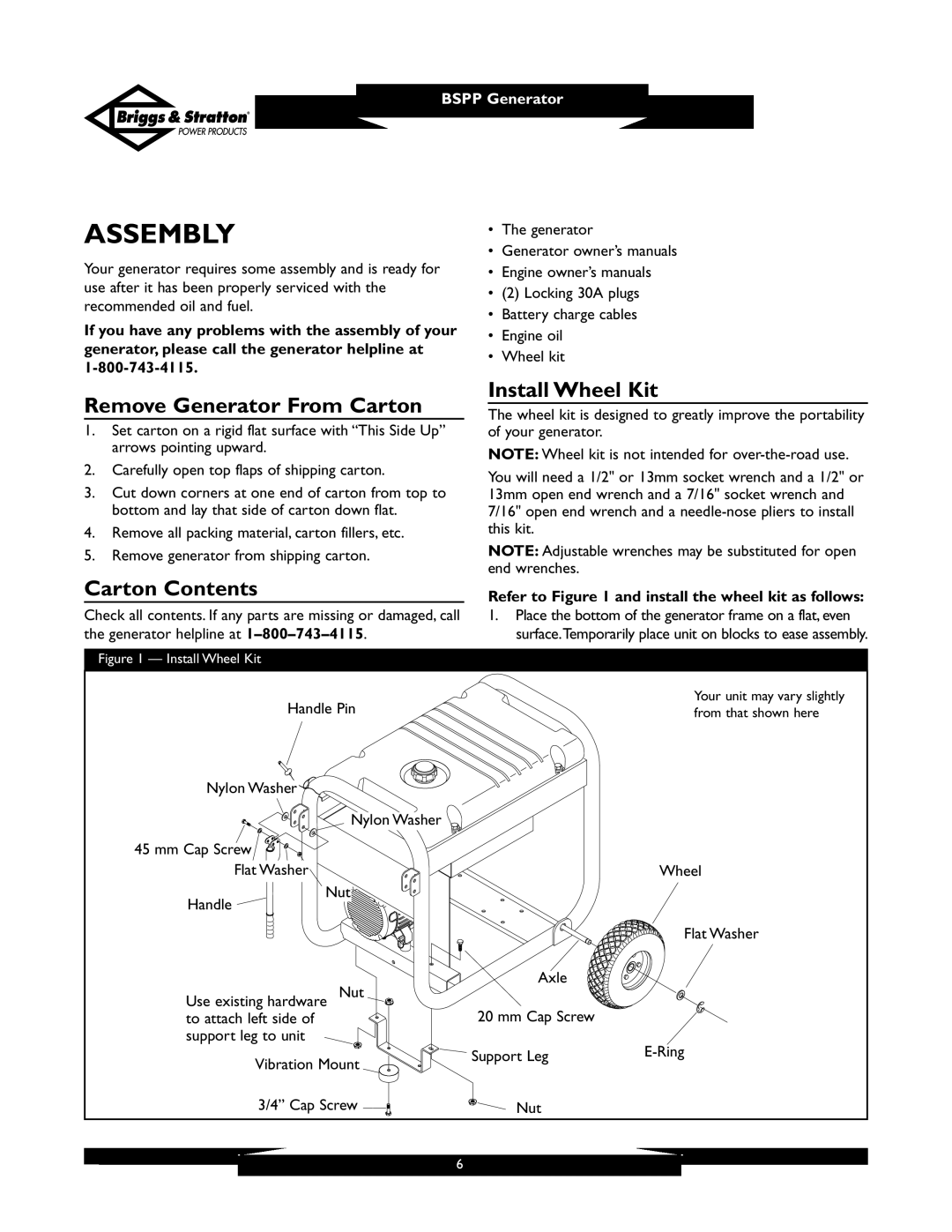 Briggs & Stratton PRO6500 owner manual Assembly, Remove Generator From Carton, Install Wheel Kit, Carton Contents 