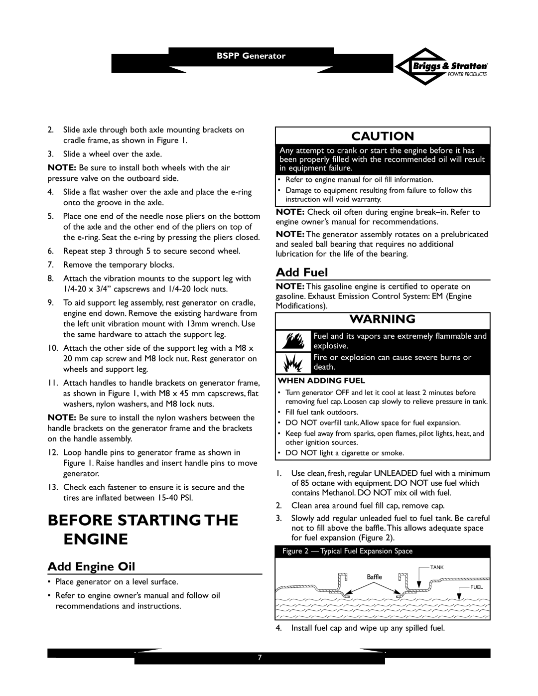 Briggs & Stratton PRO6500 owner manual Before Starting the Engine, Add Fuel, Add Engine Oil, When Adding Fuel 