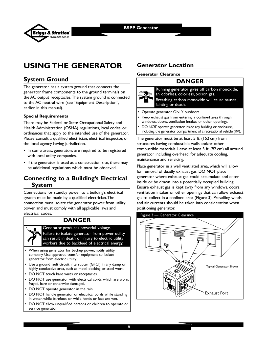 Briggs & Stratton PRO6500 owner manual Using the Generator, System Ground, Connecting to a Building’s Electrical System 