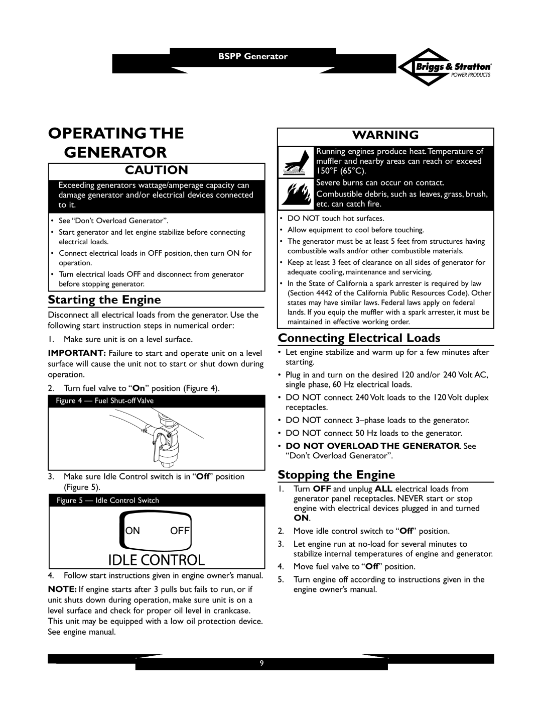 Briggs & Stratton PRO6500 Operating Generator, Starting the Engine, Connecting Electrical Loads, Stopping the Engine 