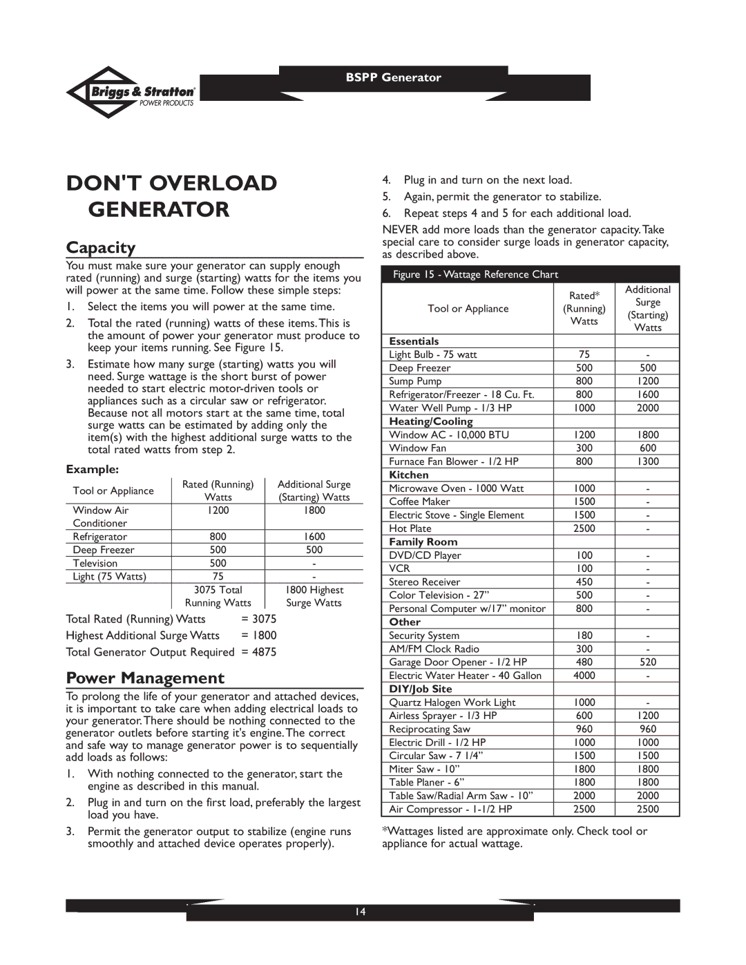 Briggs & Stratton PRO8000 01934 owner manual Dont Overload Generator, Capacity, Power Management 