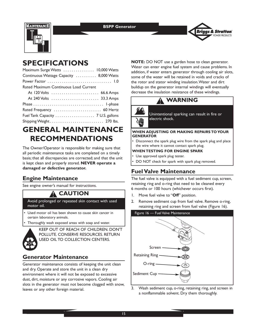 Briggs & Stratton PRO8000 01934 owner manual Specifications, General Maintenance Recommendations, Generator Maintenance 