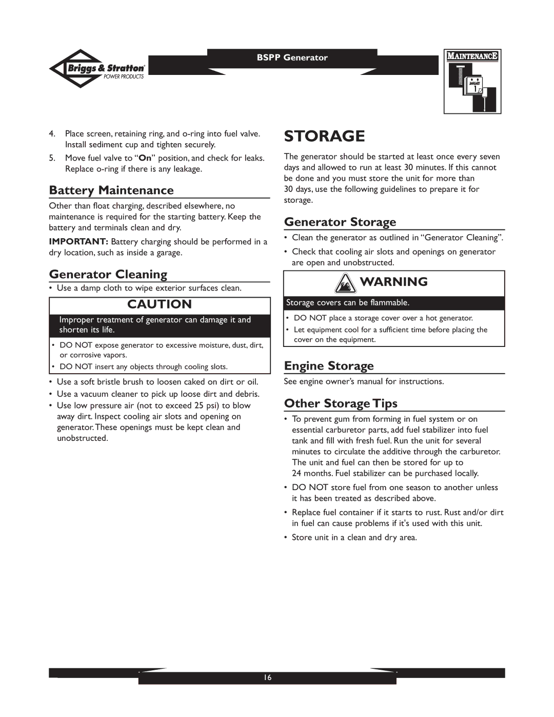 Briggs & Stratton PRO8000 01934 owner manual Battery Maintenance, Generator Storage, Generator Cleaning 