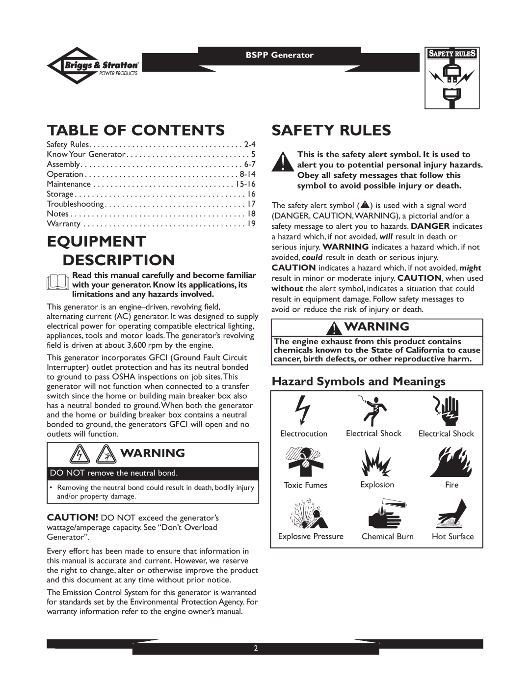 Briggs & Stratton PRO8000 01934 owner manual Table of Contents, Equipment Description, Safety Rules 