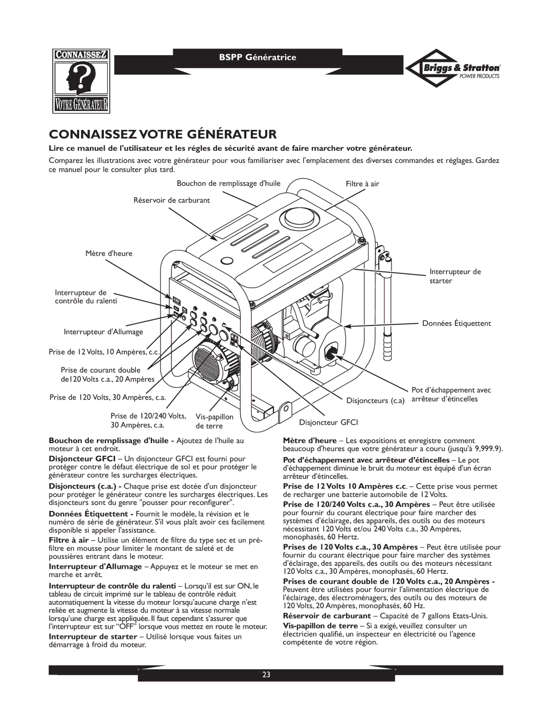 Briggs & Stratton PRO8000 01934 owner manual Connaissez Votre Générateur 