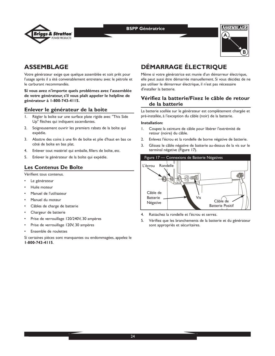 Briggs & Stratton PRO8000 01934 Assemblage, Démarrage Électrique, Enlever le générateur de la boite, Les Contenus De Boîte 