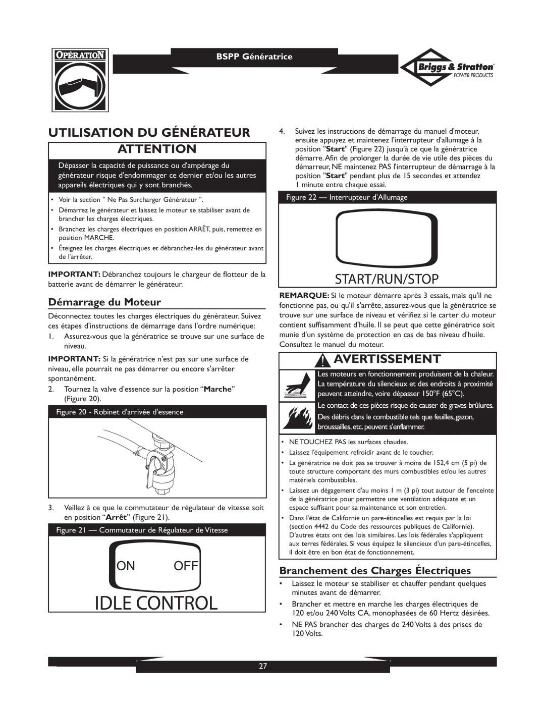 Briggs & Stratton PRO8000 01934 Utilisation DU Générateur, Démarrage du Moteur, Branchement des Charges Électriques 